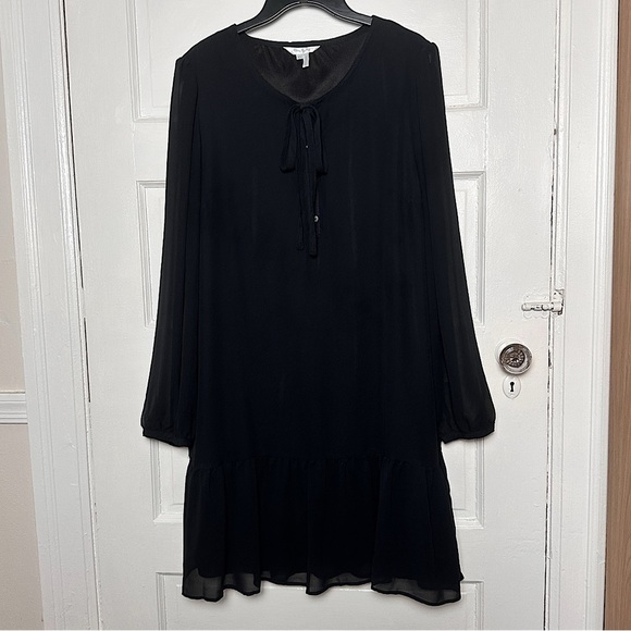 Draper James Black Knee Length Dress Sheer Long Sleeve Ruffle Hem Minimalist Lg - Picture 3 of 17